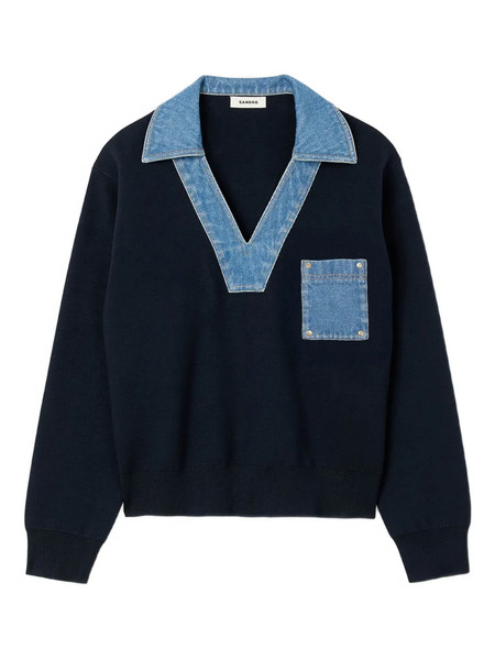  Sandro Denim-trimmed V-neck Sweatshirt - Blue 