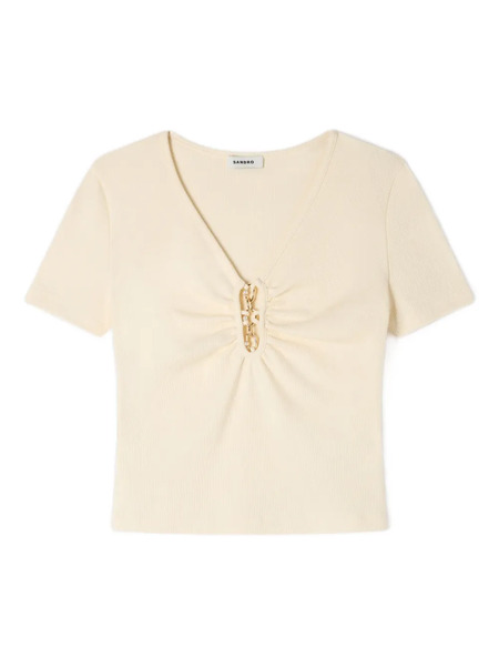  Sandro Detail V-neck T-shirt - Neutrals 