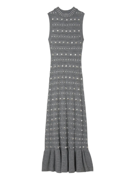  Sandro Metal-studded Ruffled Knitted Maxi Dress - Grey 