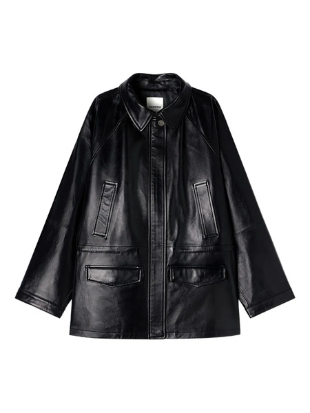  Sandro Shirt Collar Leather Jacket - Black 