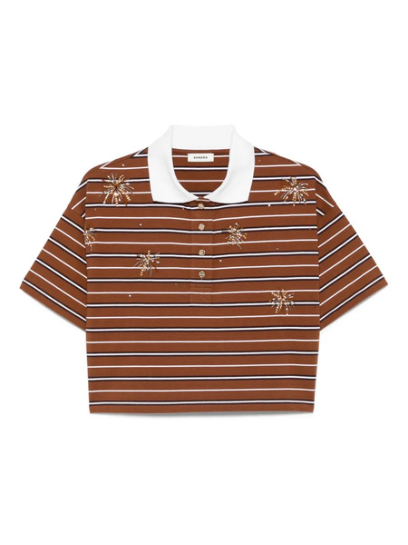 Sandro Striped Embellished Cropped Polo Shirt - Brown 
