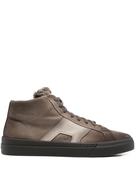  Santoni Leather Shearling Sneakers - Brown 