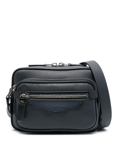  Santoni Tumbled Leather Shoulder Bag - Blue 