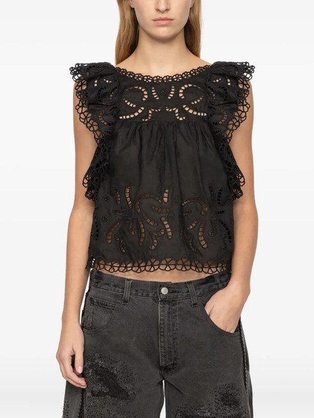  Sea Eyelet-embroidered Ruffled Top - Black 