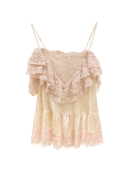  Sea Ruffled-lace V-neck Top - Neutrals 