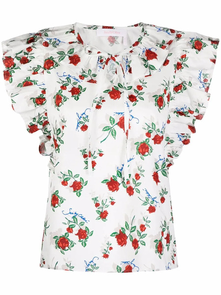  See By Chloé Floral-print Ruffle-collar Blouse - White 