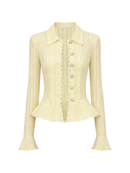  Self-portrait Pointelle-knit Ruffled Cardigan - Yellow 