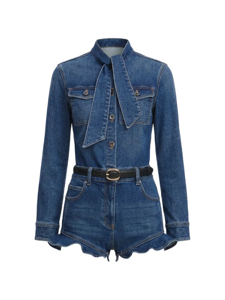  Self-portrait Pussy-bow Ruffled Playsuit - Blue 