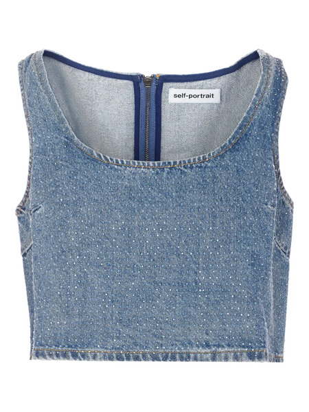  Self-portrait Scoop-neck Denim Crop Top - Blue 