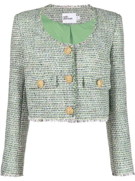 Self-portrait Tweed Scoop-neck Jacket - Green 