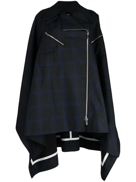  Shang Xia Checkered Asymmetric Zip-up Cape - Blue 