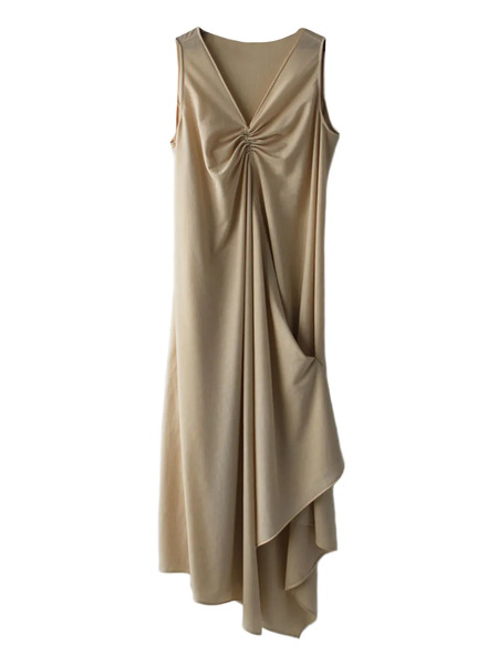  Shanshan Ruan Asymmetric V-neck Jersey Midi Dress - Neutrals 