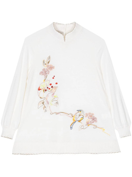  Shiatzy Chen Floral-embroidered Split-neck Jumper - Neutrals 