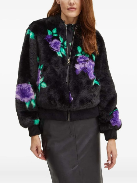  Silvian Heach Floral-print Bomber Faux-fur Jacket - Black 