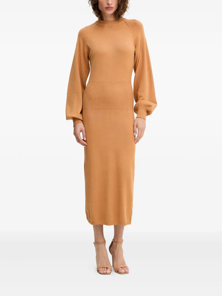  Silvian Heach Ribbed Balloon-sleeve Midi Dress - Neutrals 