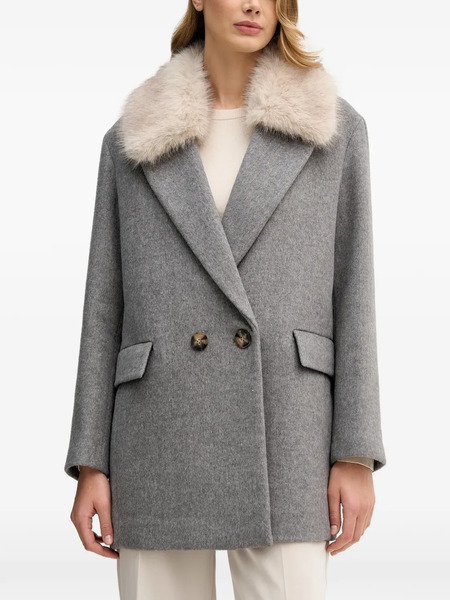 Sisley Fur-trim Double-breasted Coat - Grey 