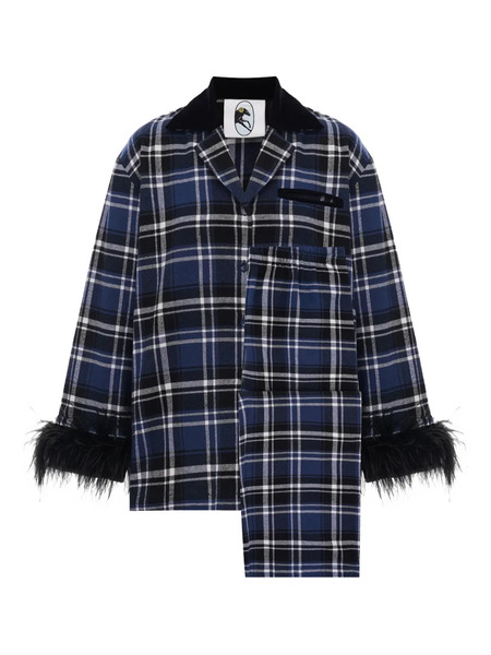  Sleeper Checked Feather-trimmed Pajama - Blue 