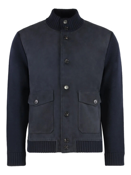 Slowear Leather Panelled Button Cardigan - Blue 