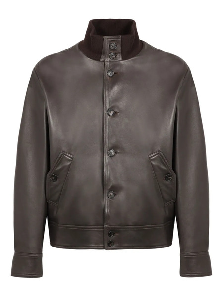  Slowear Ribbed-collar Leather Jacket - Brown 