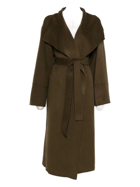  Soft Goat Long Coat W Wide Lapels Belted - Brown 