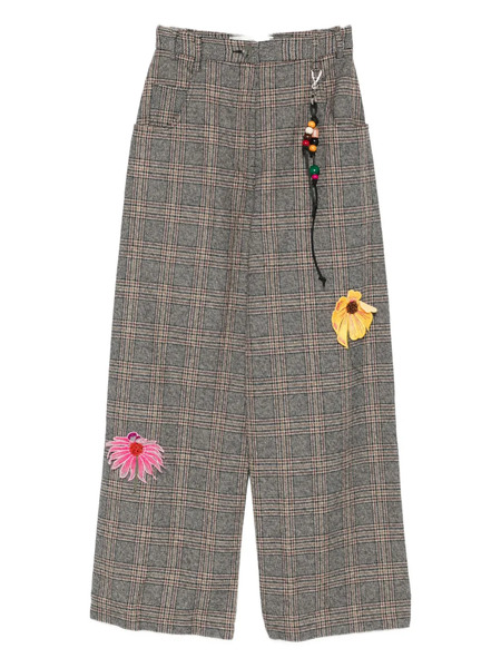  Song For The Mute Floral-appliqué Checked Trousers - Brown 