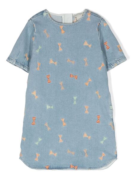  Stella Mccartney Kids Striped Bow Flared Denim Dress - Blue 