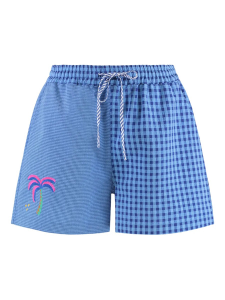  Susanna Blu Checked Embroidered-motif Shorts - Blue 