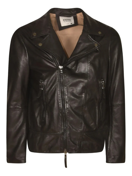  Sword Zip-up Leather Biker Jacket - Brown 