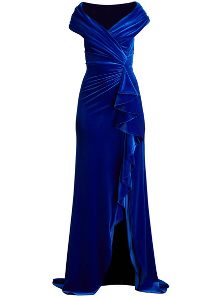  Tadashi Shoji Alvarez Velvet Waterfall Drape Gown - Blue 