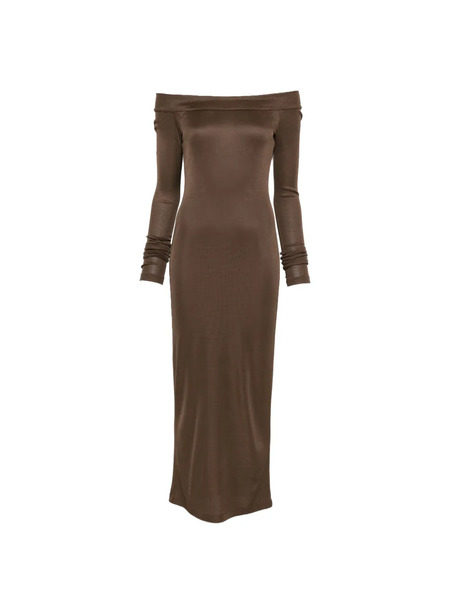  The Andamane Off-shoulder Long-sleeve Dress - Brown 