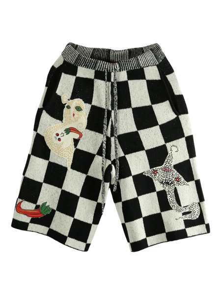  The Elder Statesman Nora Lite Creatures Check-pattern Embroidered Shorts - Black 