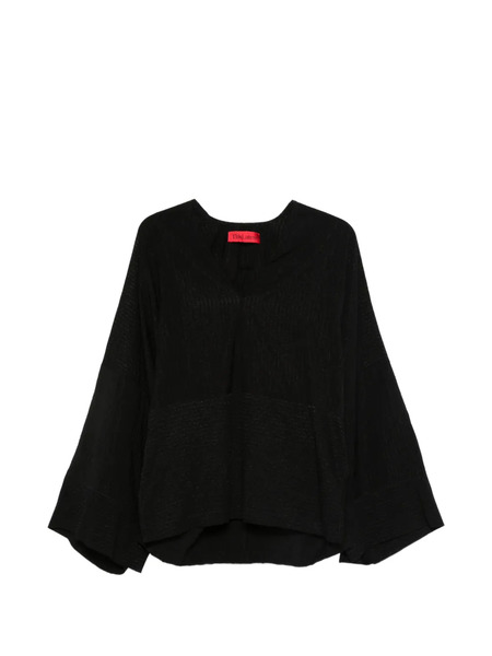  Thelatest Wide Sleeve V-neck Blouse - Black 