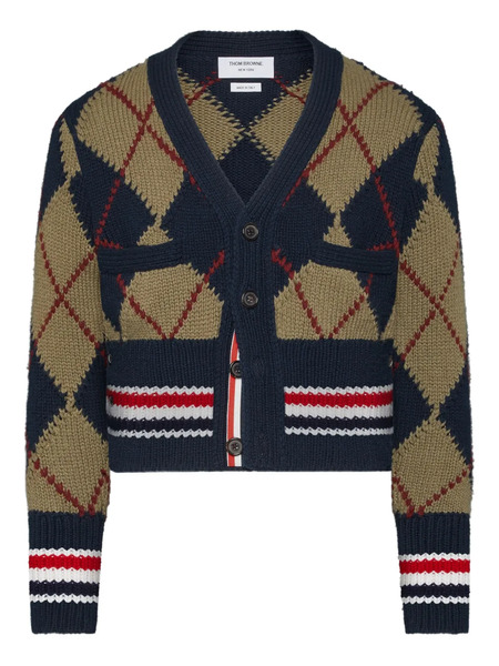  Thom Browne Argyle-intarsia V-neck Wool Cardigan - Blue 