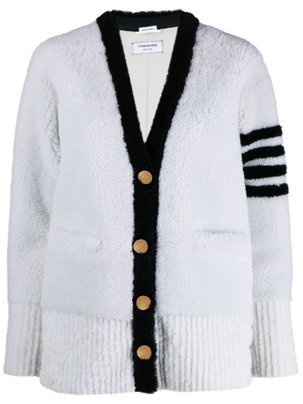  Thom Browne 4-bar Stripe Shearling Cardigan - White 