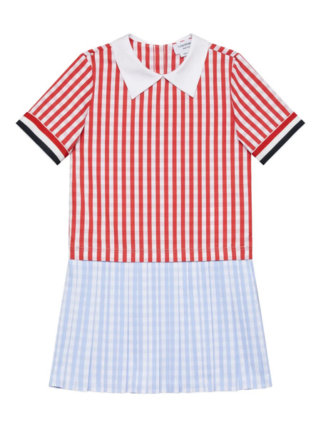  Thom Browne Kids Gingham Check Pleated Dress - Red 