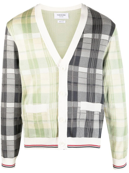  Thom Browne Panelled Checked Cardigan - White 