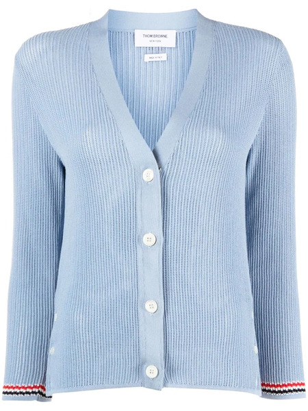  Thom Browne Pointelle-knit Rwb Stripe Cardigan - Blue 