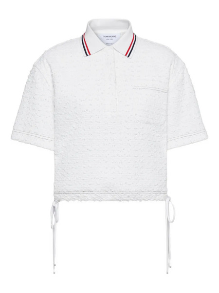  Thom Browne Ribbon Tweed Drawstring Polo Top - White 