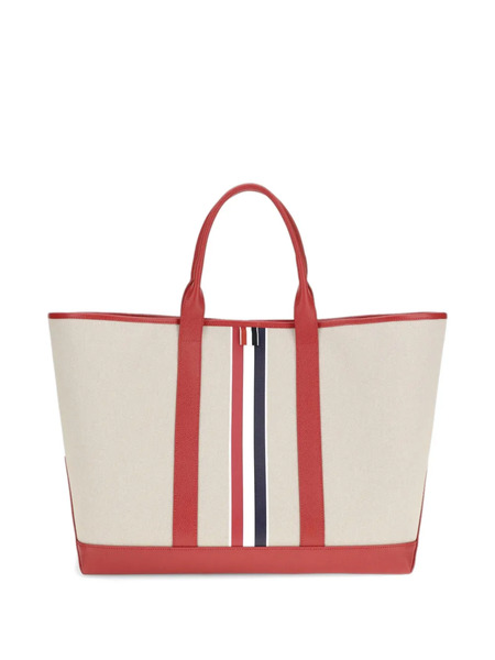  Thom Browne Striped Leather Handles Tote - Neutrals 