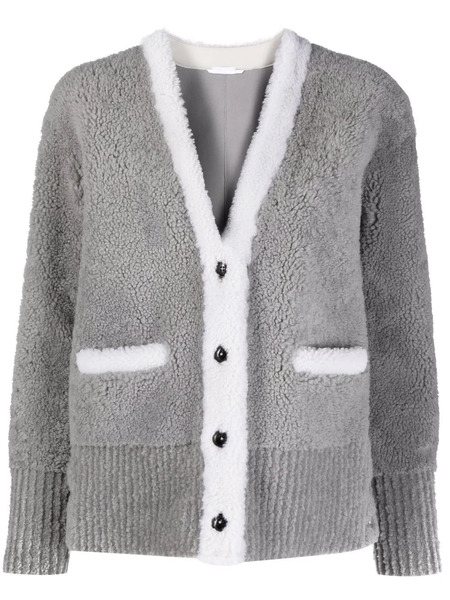  Thom Browne V-neck Contrast-trim Shearling Cardigan Jacket - Grey 