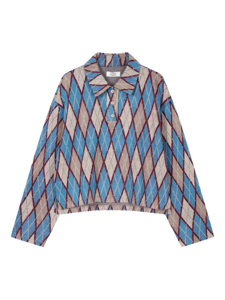  Tomboy Argyle-pattern Polo Top - Blue 