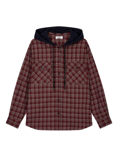  Tomboy Check-pattern Hooded Shirt - Red 