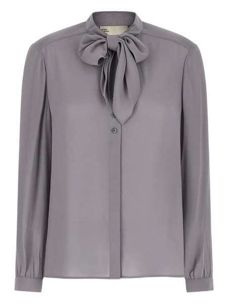  Tory Burch Georgette Bow Mandarin Collar Blouse - Grey 