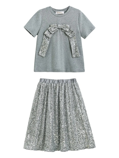  Tulleen Bow-embellished Sequin Skirt Set - Grey 