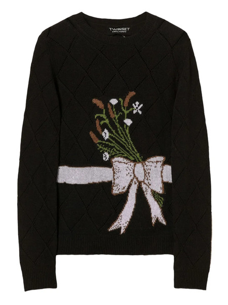  Twinset Floral-bow Graphic Sweater - Black 