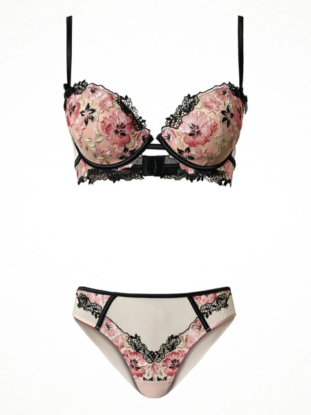  Twinset Floral Embroidery Push Up Bra And Briefs - Neutrals 