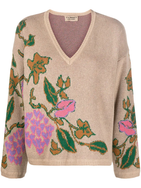  Twinset Floral Intarsia-knit Jumper - Neutrals 