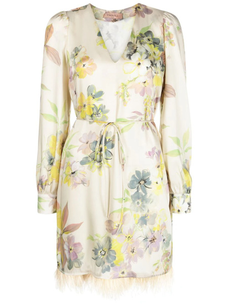  Twinset Floral-print Feather-trim Minidress - Neutrals 