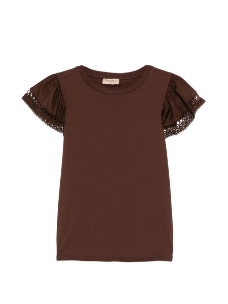  Twinset Lace Puff-sleeved T-shirt - Brown 