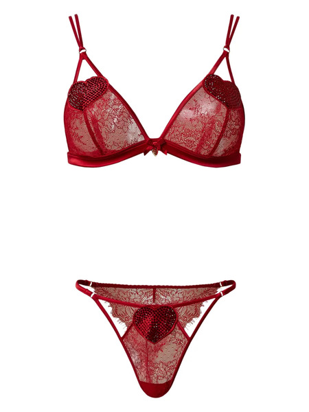  Twinset Lace Triangle Bra And Briefs Set - Red 